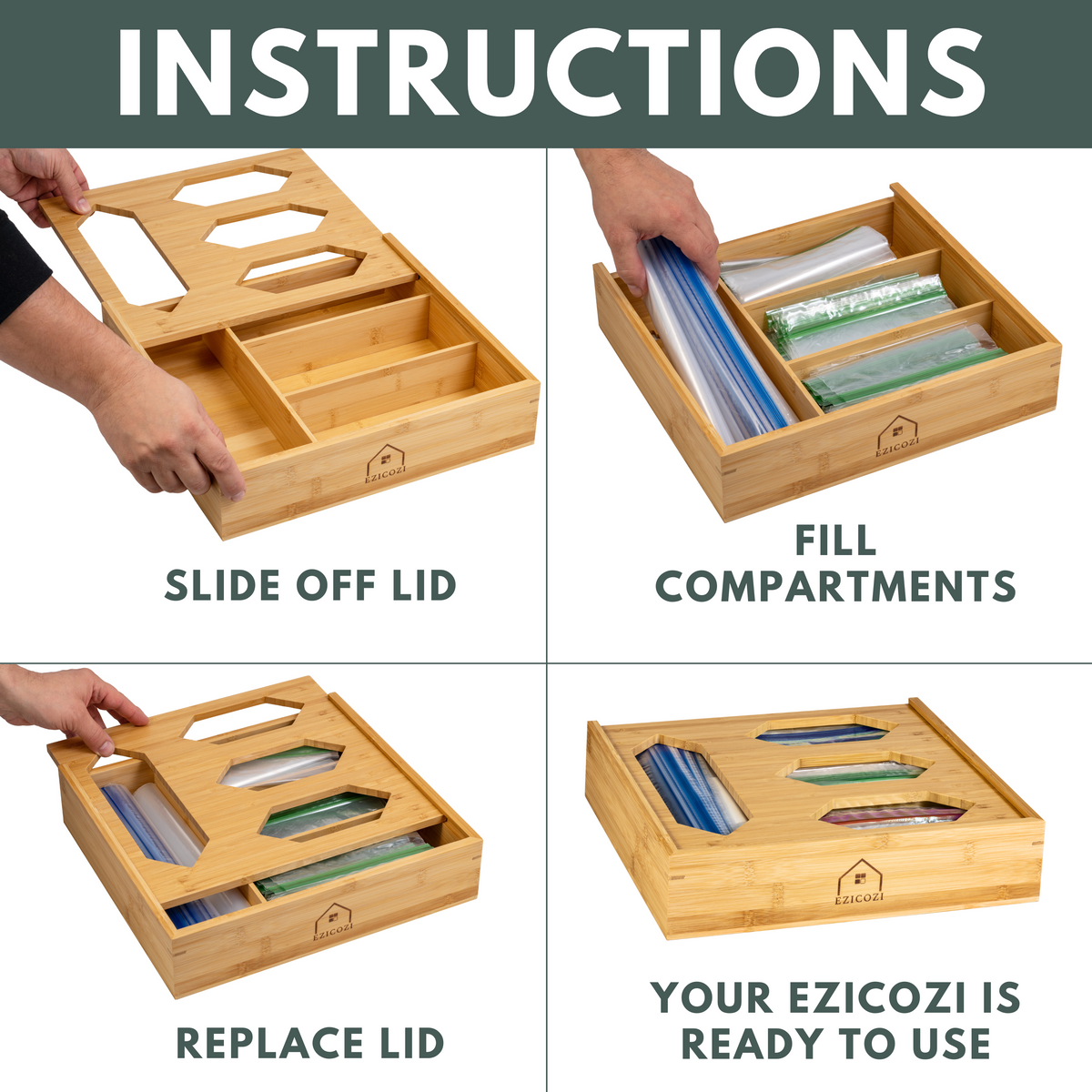 Ziplock Storage Bag Organizer for Kitchen Drawer Organizer – Ziplock Bag Organizer with 4 Compartments for Ziplock Gallon/Snack. Sandwich/Quart Bags